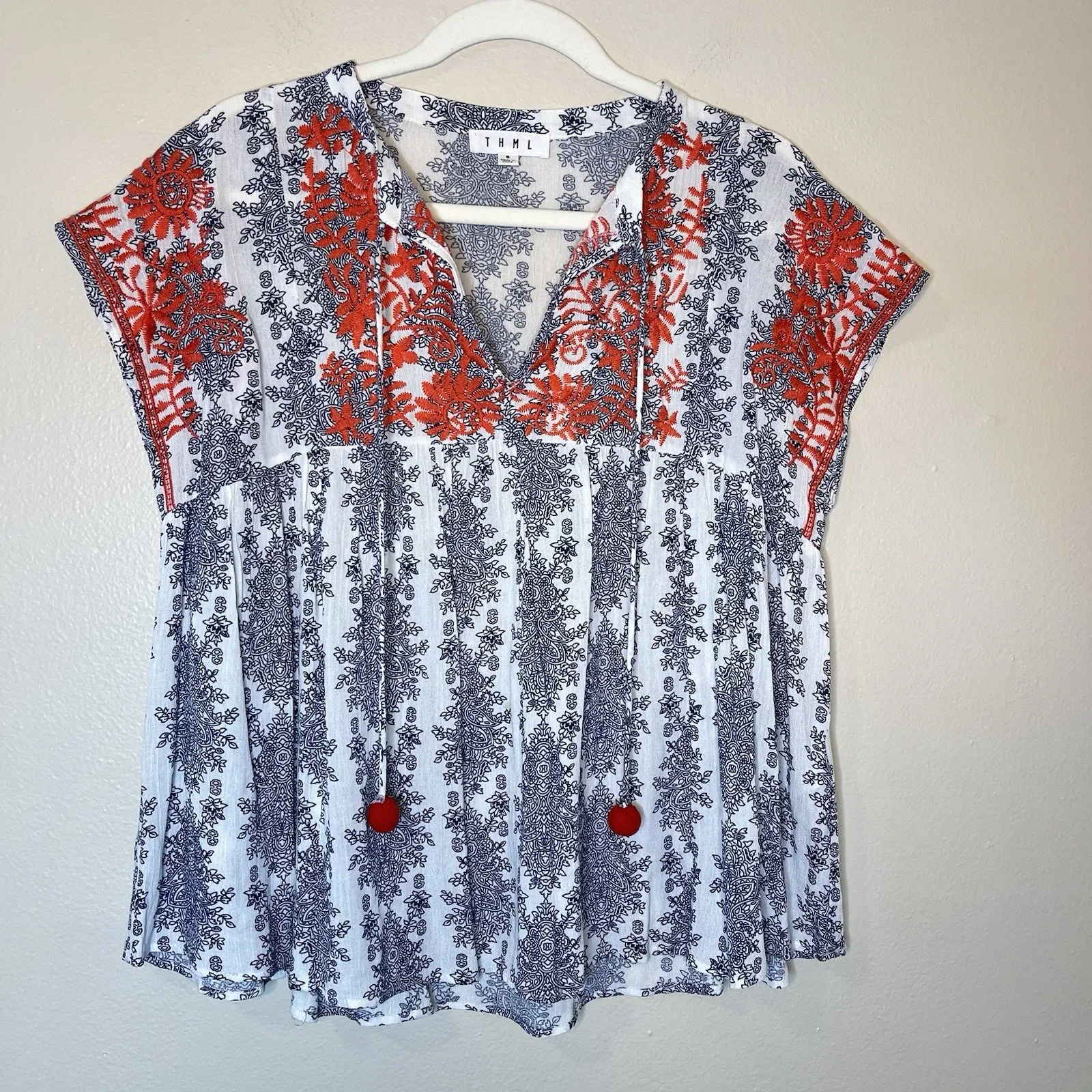 thml anthropologie top embroidered Boho Relaxed Fit Costal Summer Peasant Hippie - Image 2