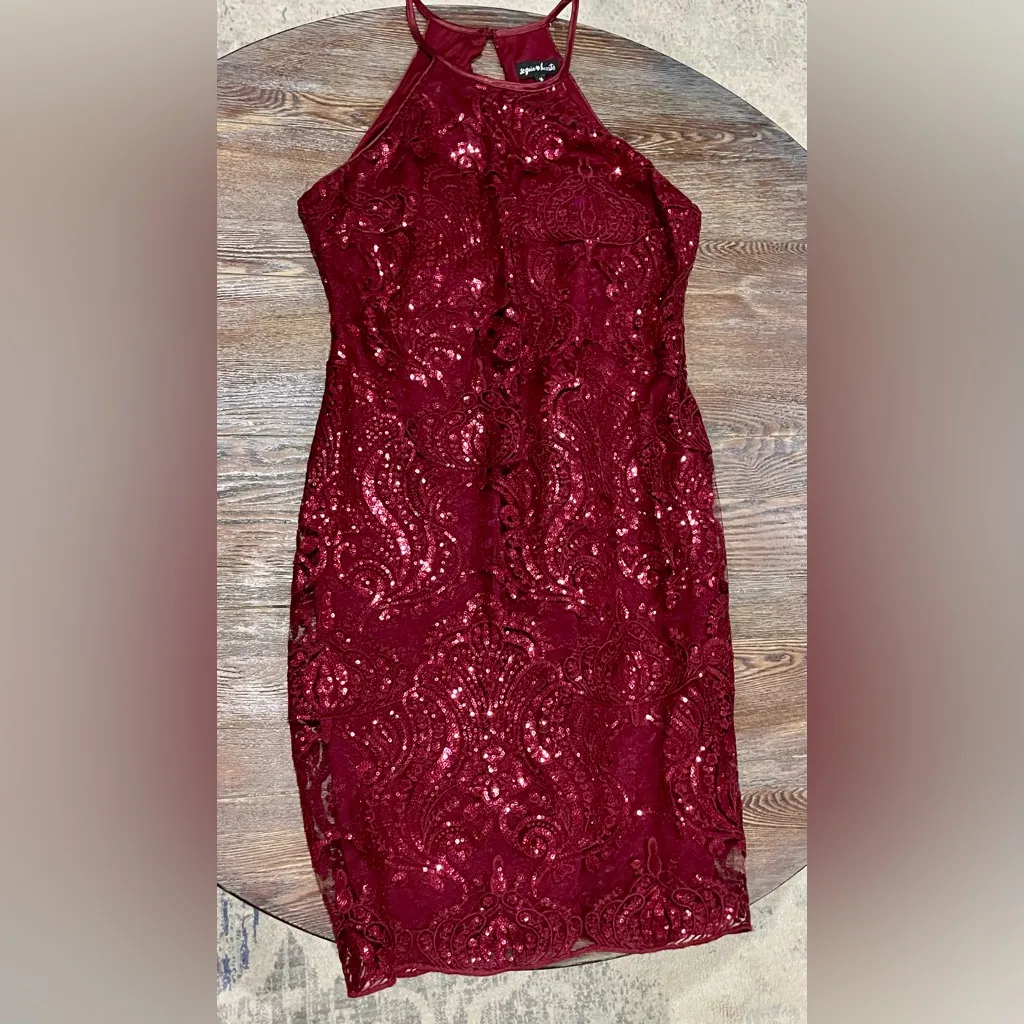 Sequin Hearts Burgundy Lace/Sequin Sleeveless Halter Midi -Length Dress - Sz 15 - Image 2
