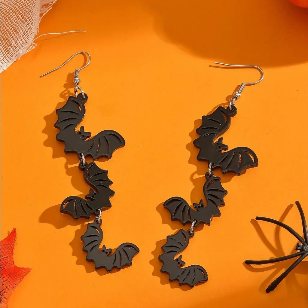 Cute 3 Black Bat Design Long Dangle Earrings Cute Party Style Acrylic Halloween‎ - Image 7