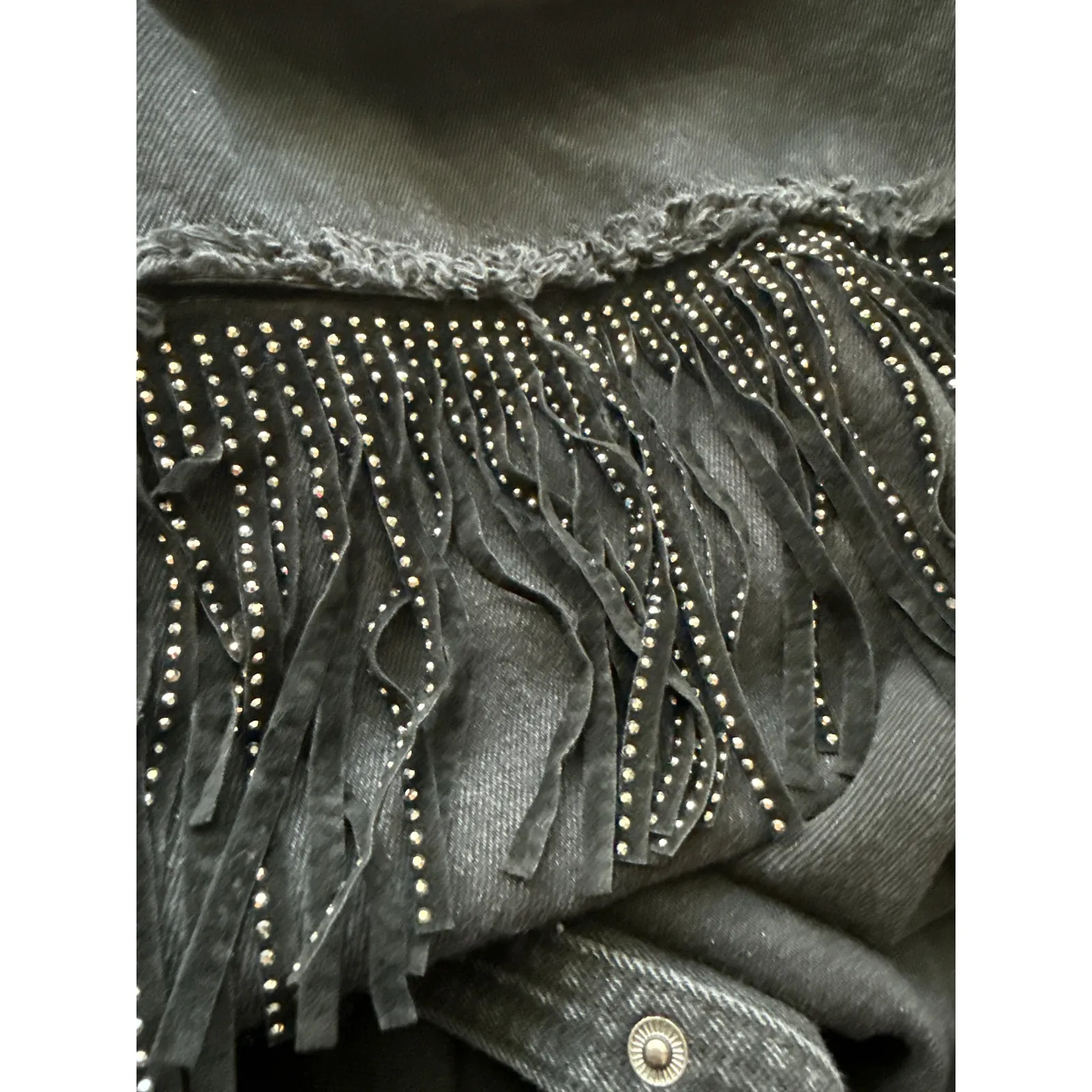 Zara Rhinestone Fringe Studded Jean Jacket‎  Black Size Medium - Image 13