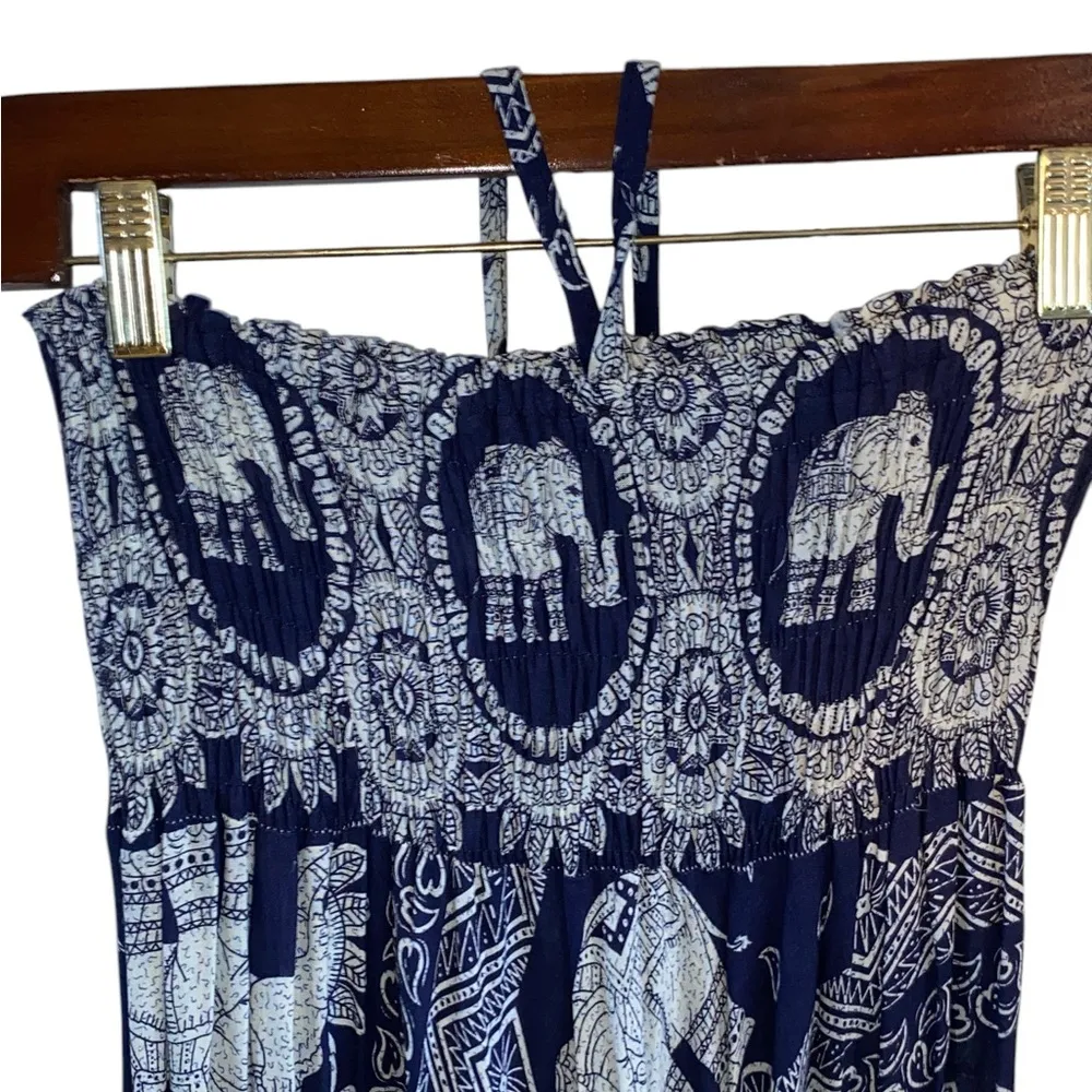 Bohemian Harem Yoga Drop Crotch Cotton Blue Elephant print romper / jumpsuit Size L - Image 4