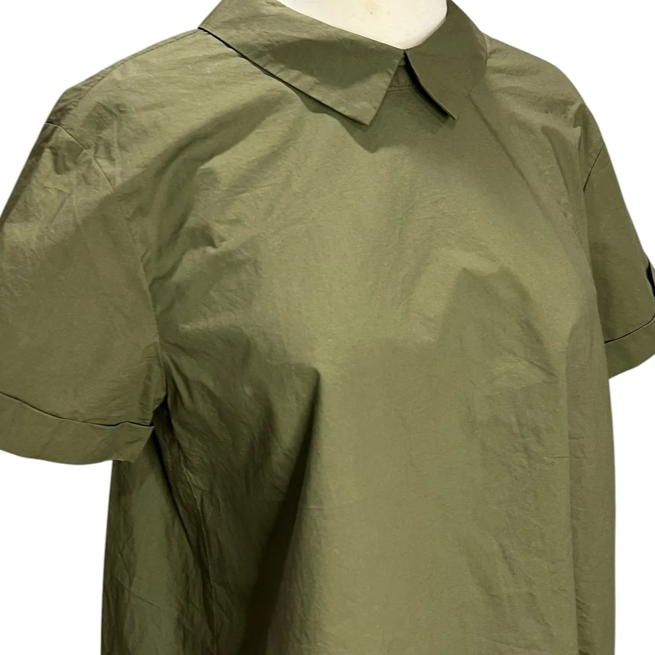 Lalu Blouse Womens S Olive Green Collared Back Cutout Tie Boxy Contemporary Top - Image 2