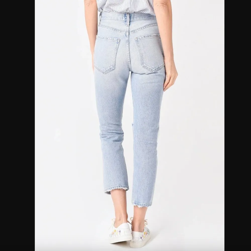 Agolde Riley High Rise Straight Crop Rip Knee Distressed Jeans Clear Skies 28" - Image 6
