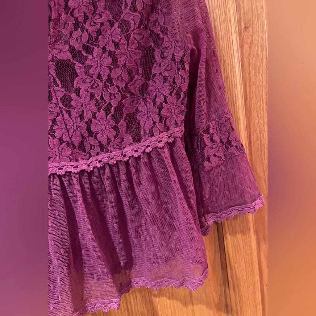 Free People Modern‎ Romance Sheer Lace Peplum Top Blouse in Rutabaga Mauve XS - Image 15