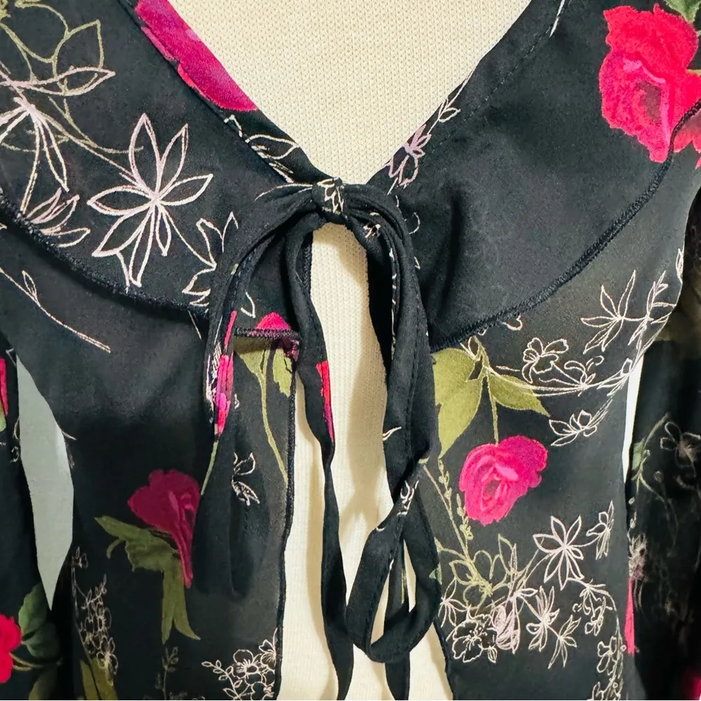 Connected Apparel Floral Black Wide Sleeves Lightweight Tie Front Cardigan 8 - Image 5