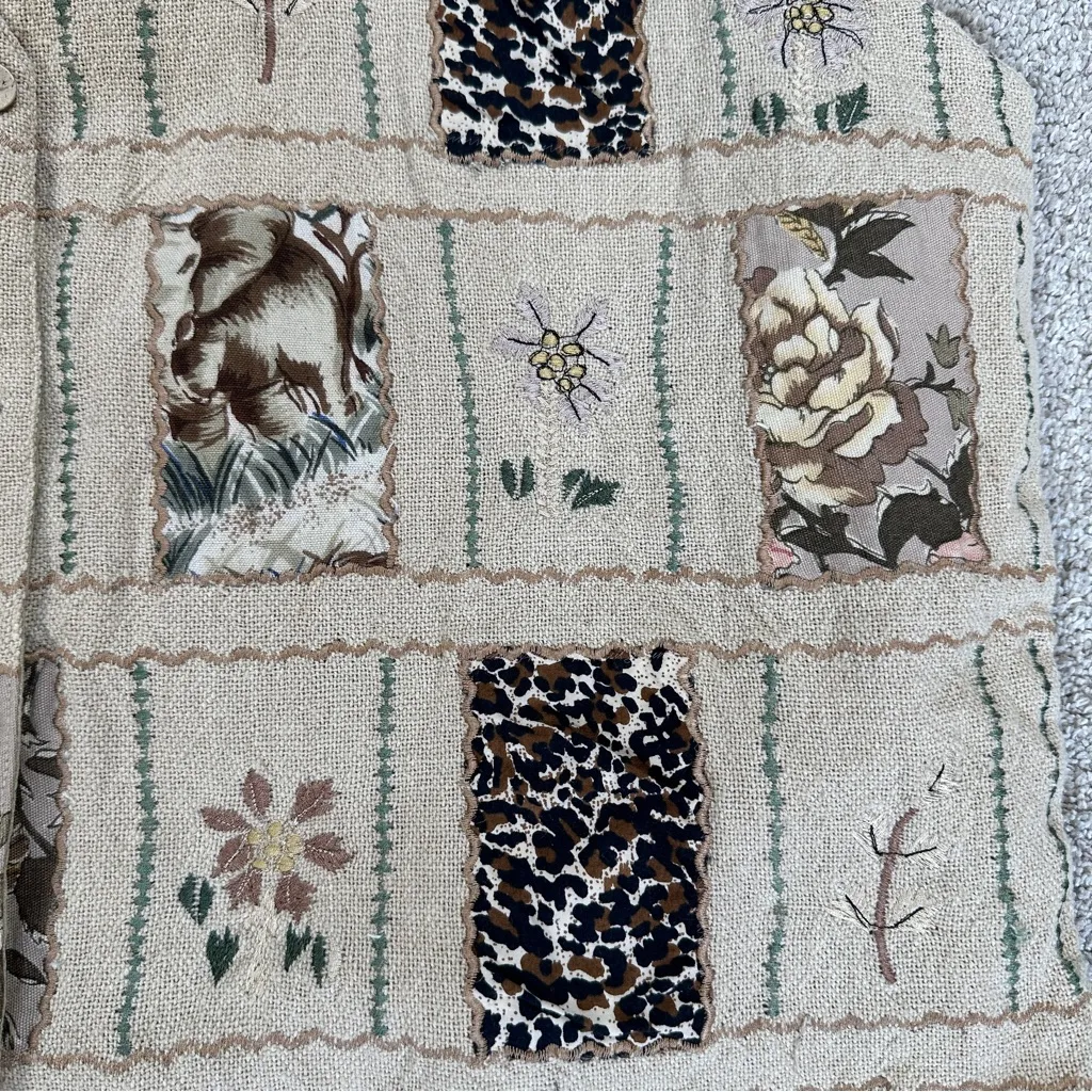 Tantrums Vintage Floral Embroidered Safari Patchwork Woven Cotton Vest in Tan 1X Brown - Image 4