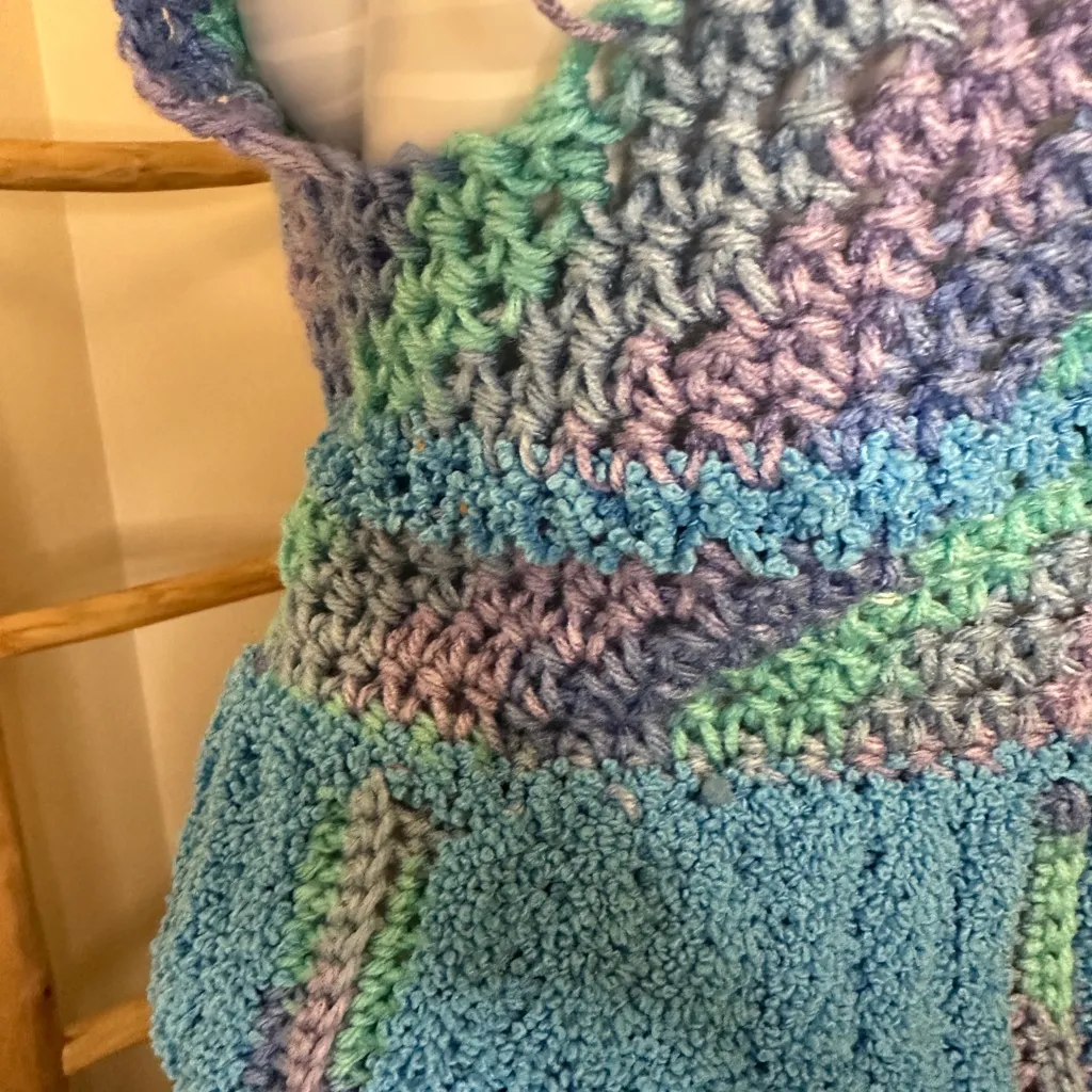 Multicolor Made by Hand Crochet Knit Women Top Small/Medium Blue - Image 4