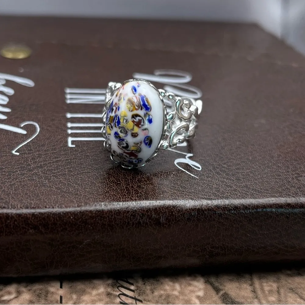 Vintage 1970s Colorful White Millefiori Cabochon Boho Style Stainless Steel Ring - Image 2