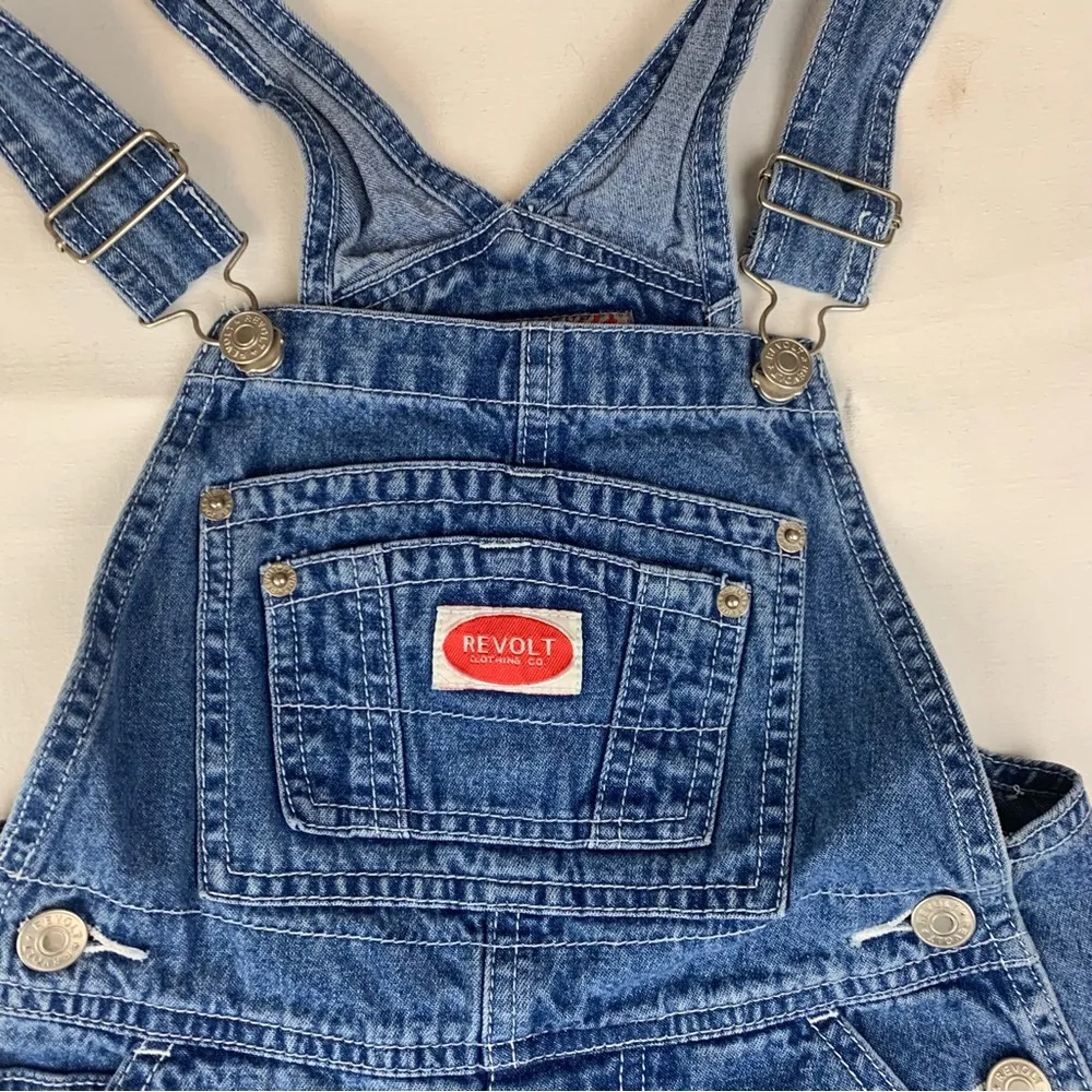 Revolt juniors size small denim overalls stamped floral y2k vintage blue - Image 4