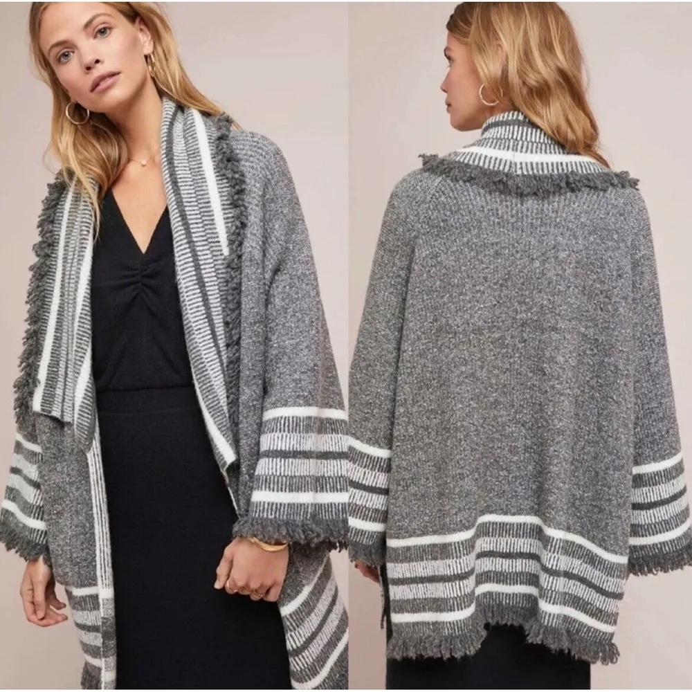 3/$30 Anthropologie Saturday Sunday Cardigan Womens Gray Striped Fringe - Image 2