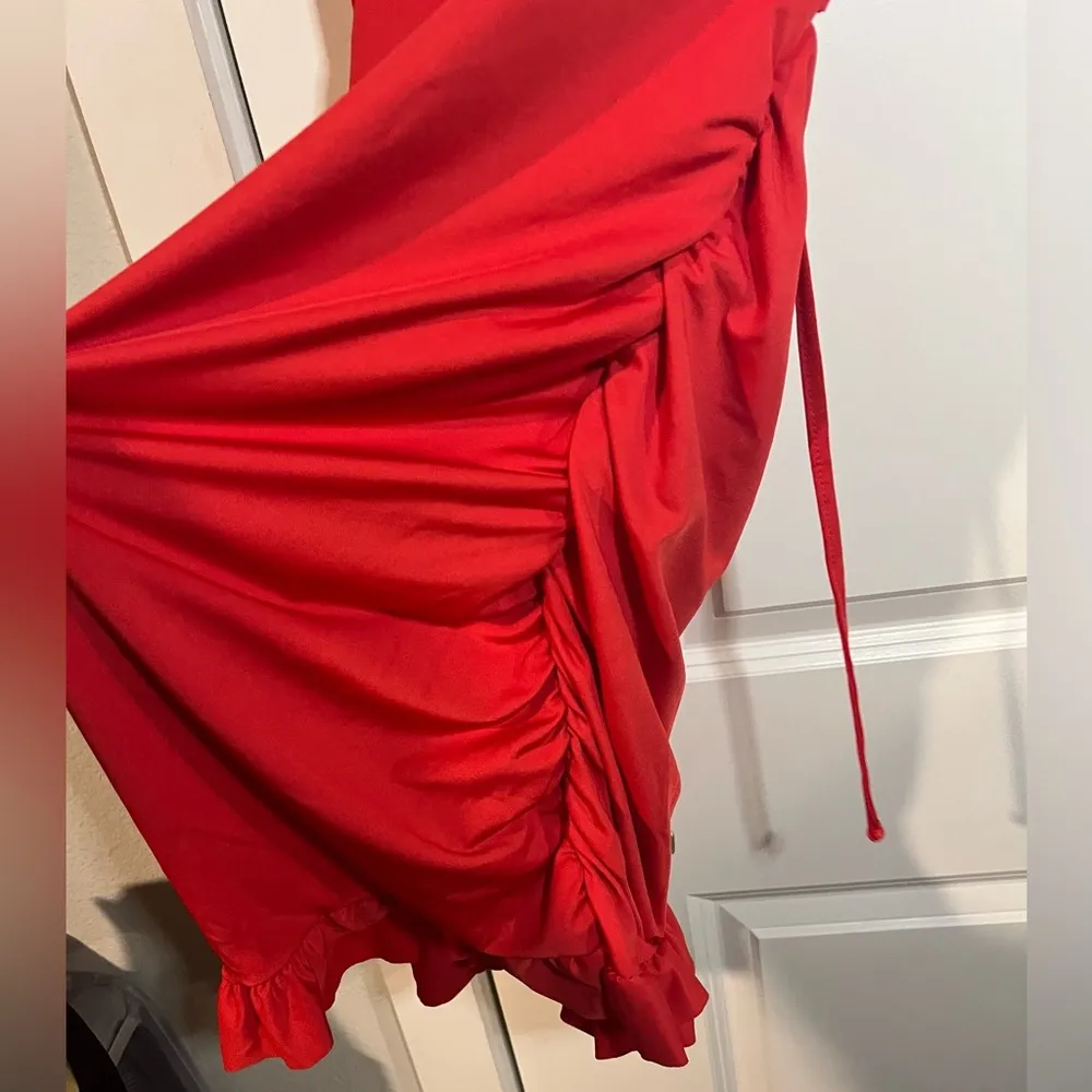SHEIN Red Ruffled Belly-Cut-Out Tie Ruched Skirted Fiesta Party Dress Size M - Image 8