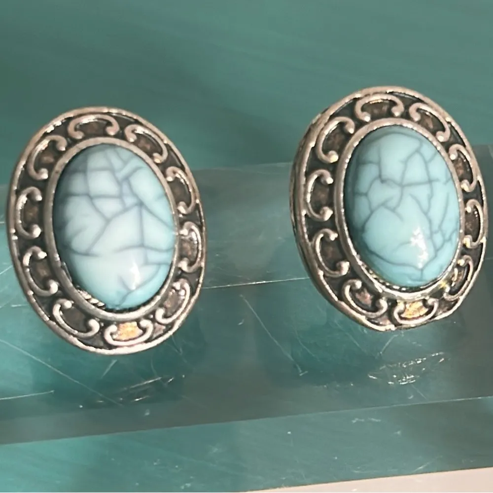 Southwestern Retro Silver Tone and Turquoise Colored Howlite Stone Oval Earrings - Image 6