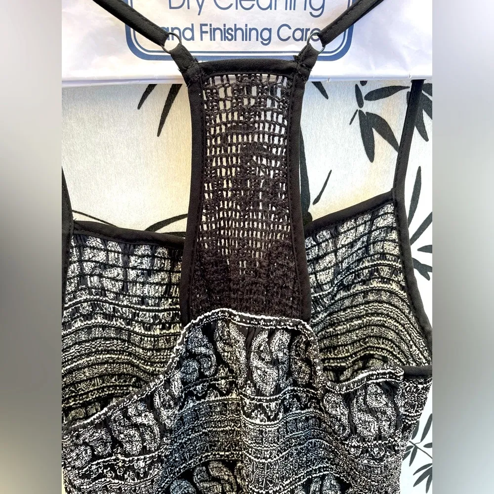Xhilaration Dress (XS) T-Strap. Crochet T. Black w/White Geo Print. Elastic Top - Image 6