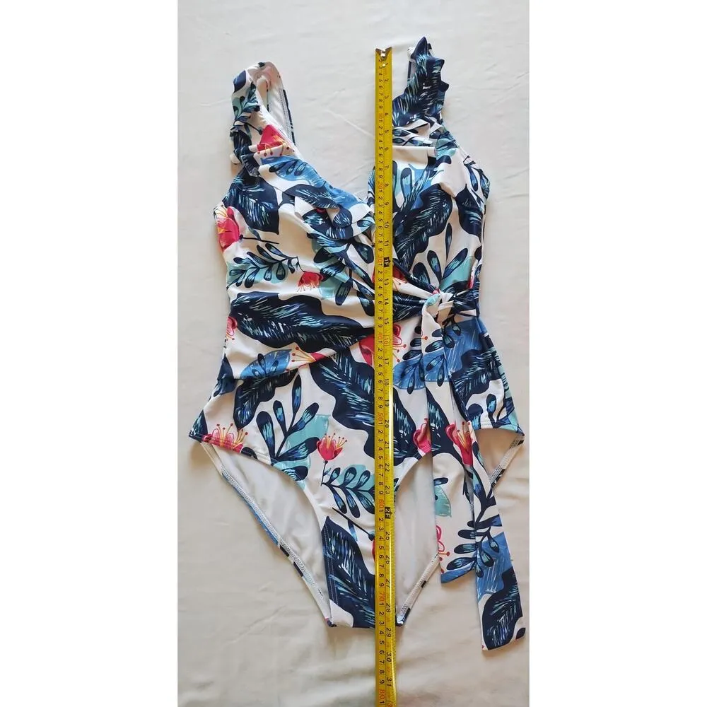 Ladies One Piece Swimsuit Large Blue Pink Floral women’s swimsuit White - Image 9