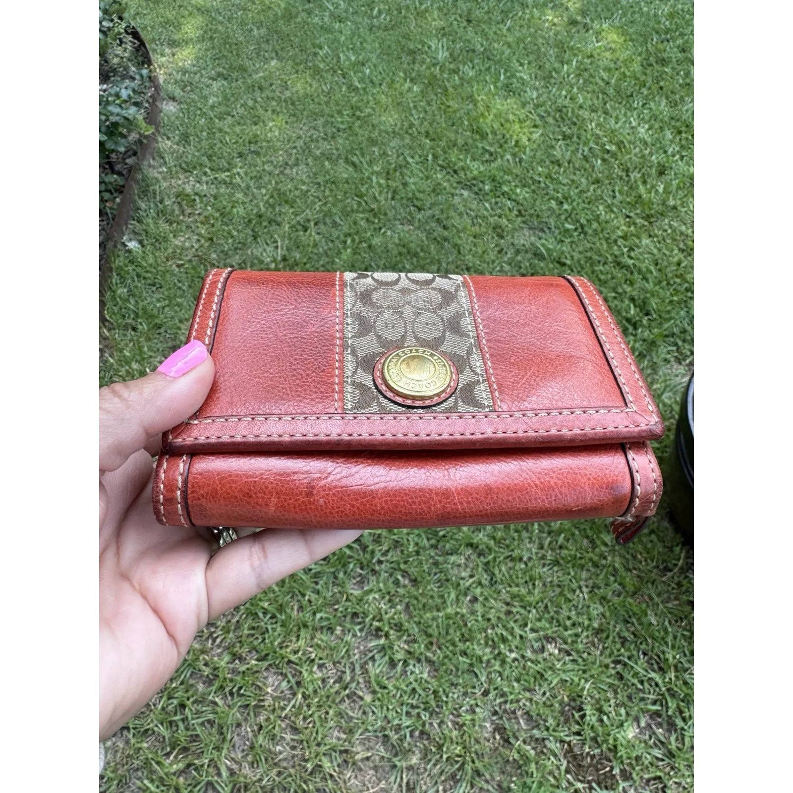 Coach Brown Mono-Brown Leather, Trim-Bifold Compact Wallet with Dust Bag 6inx4in - Image 2