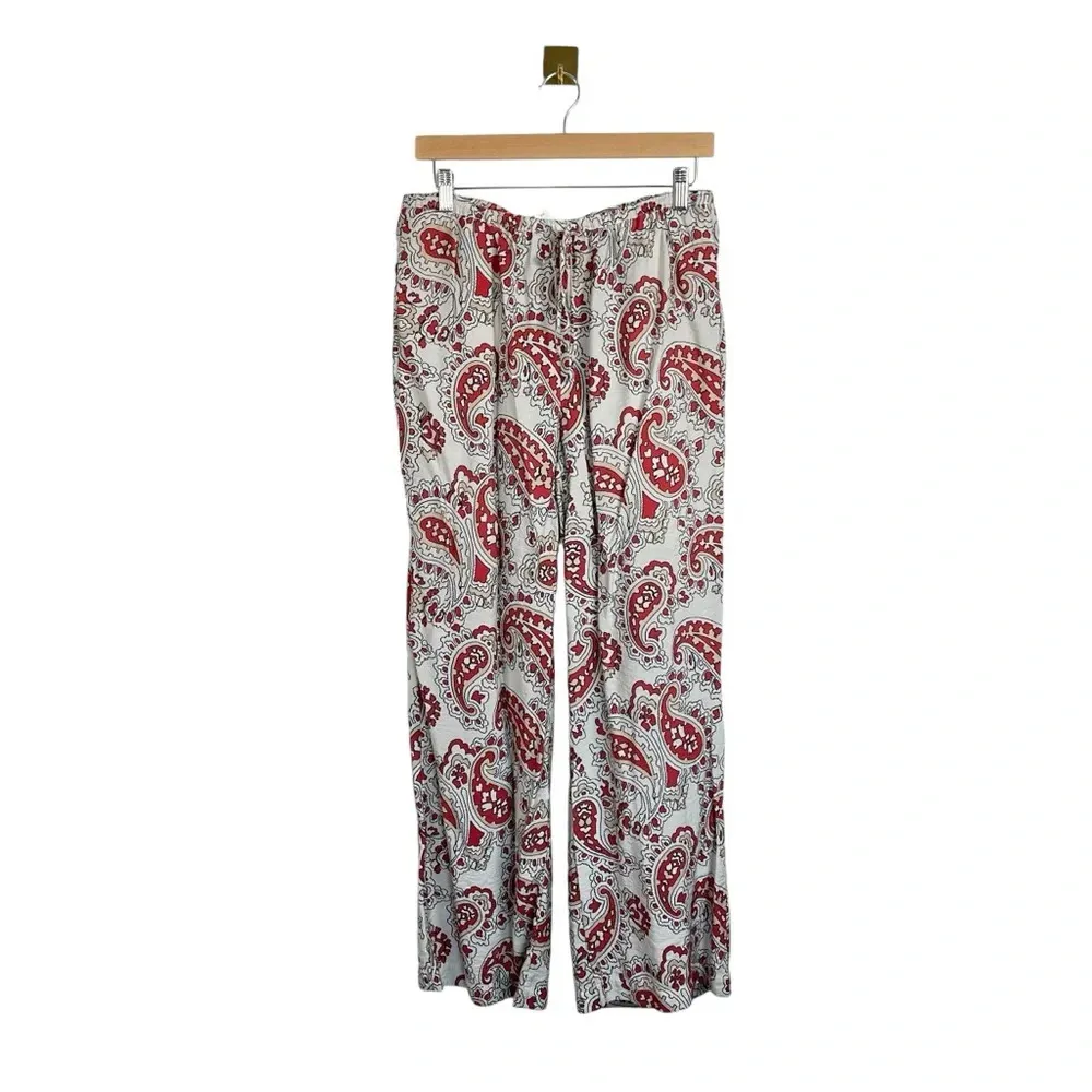 H&M High Rise Wide Leg Paisley Pull On Pants in White/Red Size M - Image 2