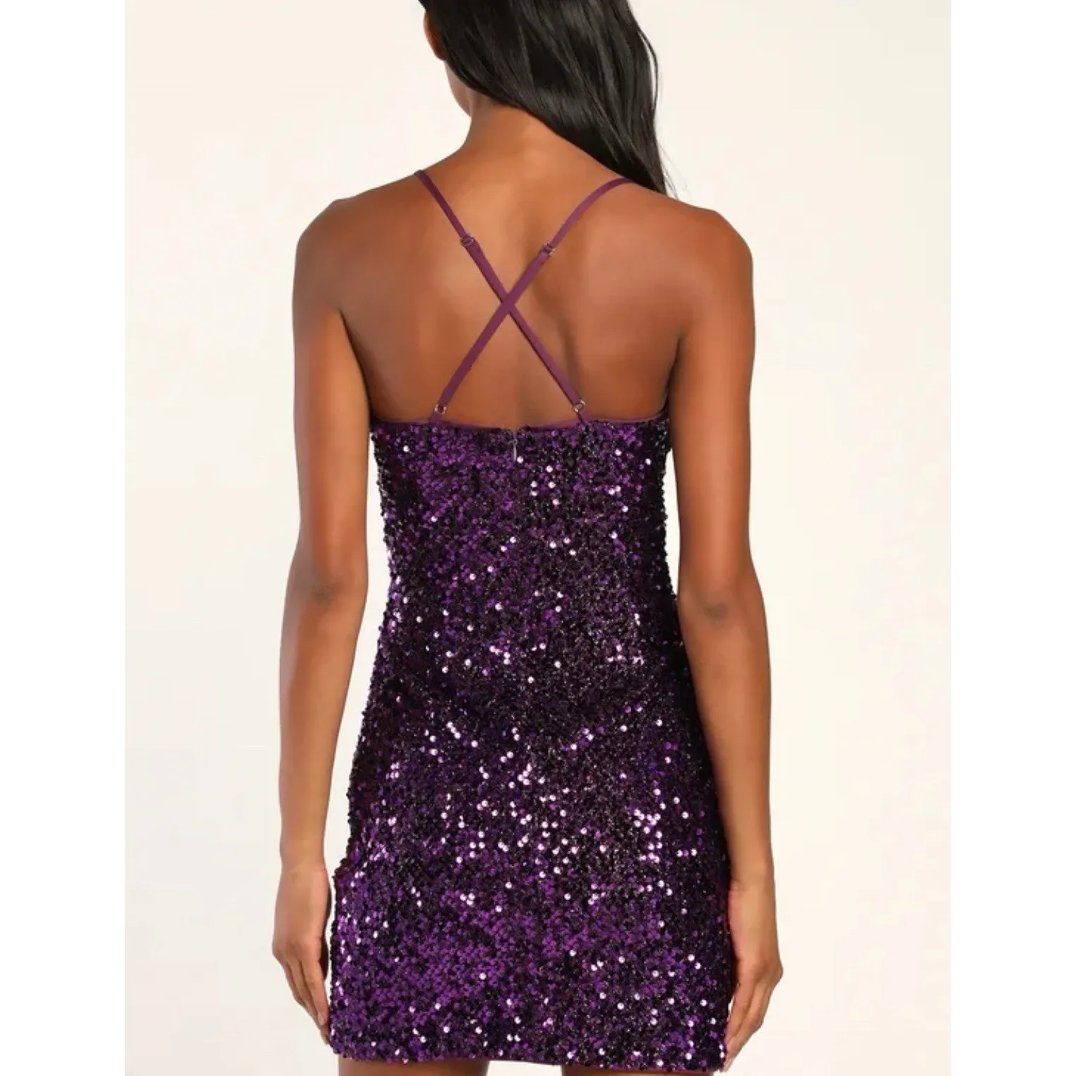 Lulus A Chance To Shine Faux Wrap Sequin Mini Dress Sz S Purple Adjustable Strap - Image 9