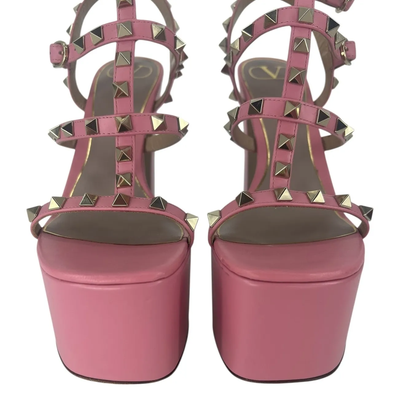 Valentino Garavani Studded Cage T Strap Platform Sandals Pink Size 38.5 - Image 9