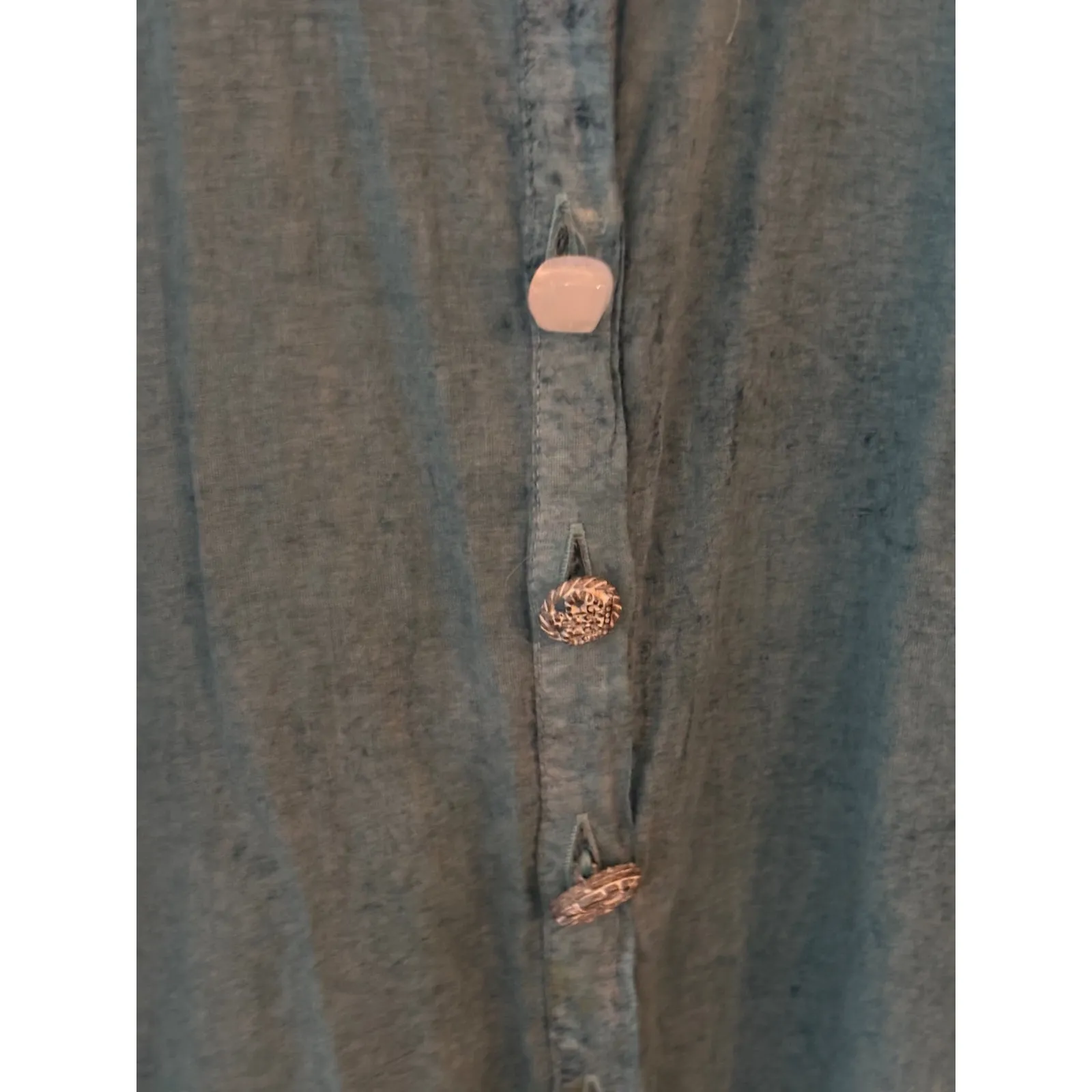 Womens Celia Cavaletti Teal Distressed Crochet Trim Button Up Shirt Top Green Size L - Image 5