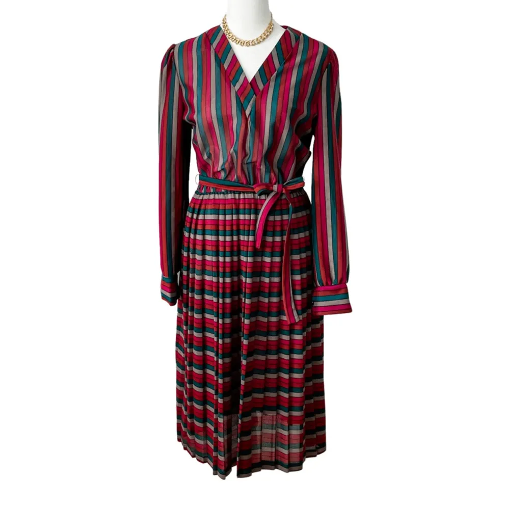 Vintage 70s Striped Semi Sheer Belted Secretary Dress size 10 M medium Pink - Image 4