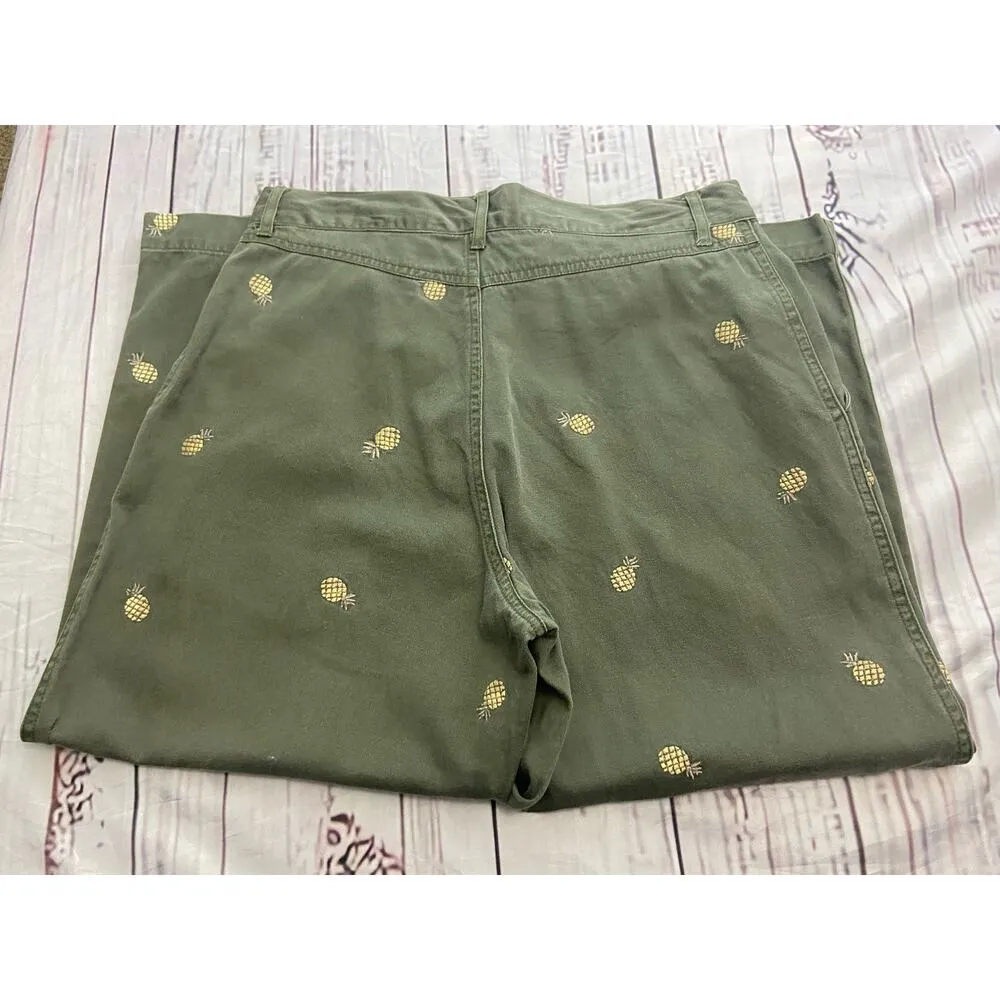 Tahiti Reef Club Capri Pants Womens 8 Green Embroidered Pineapple Pockets Cotton - Image 2