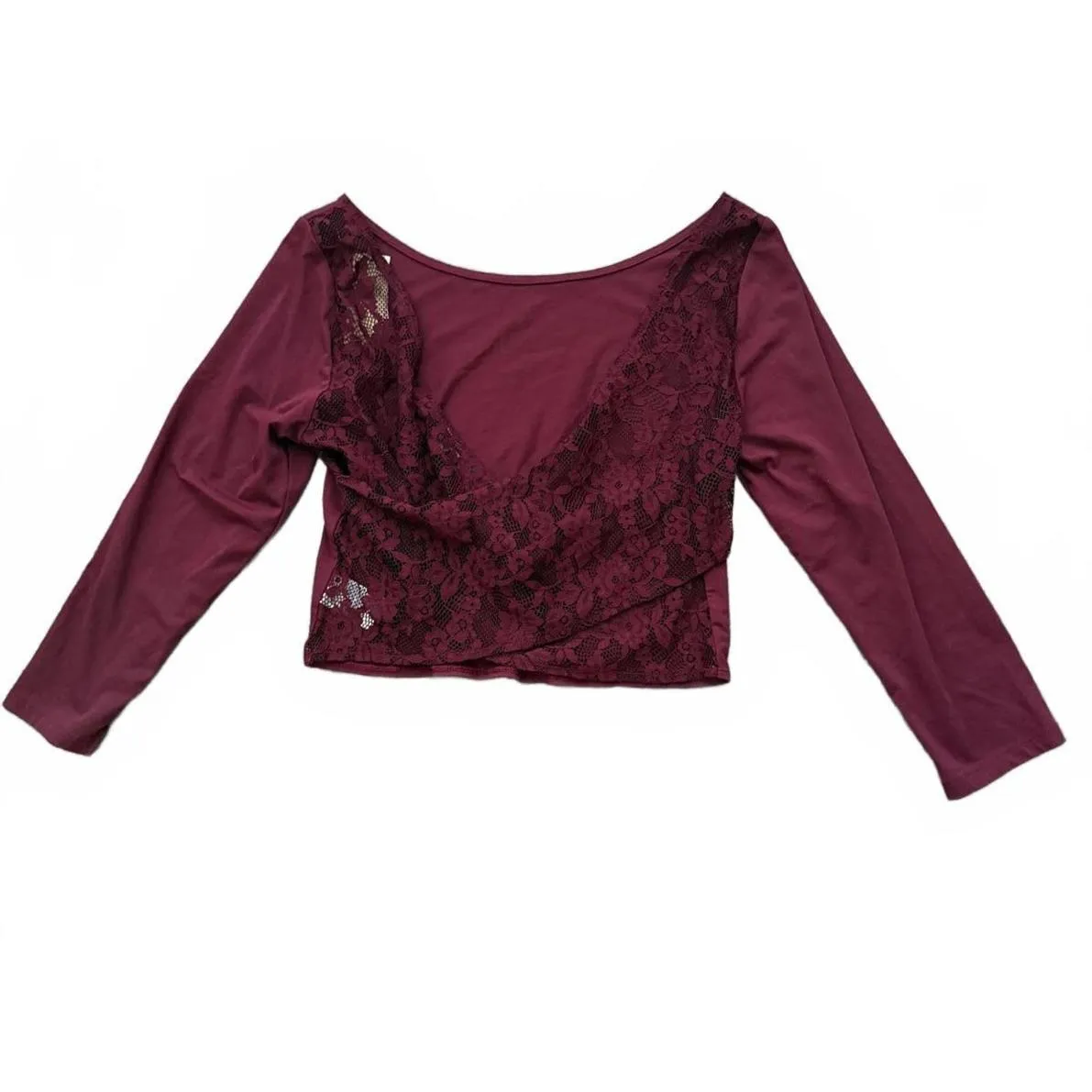 American Eagle Outfitters Women's Shirt Top Large Burgundy Maroon Lace Crop - Image 3