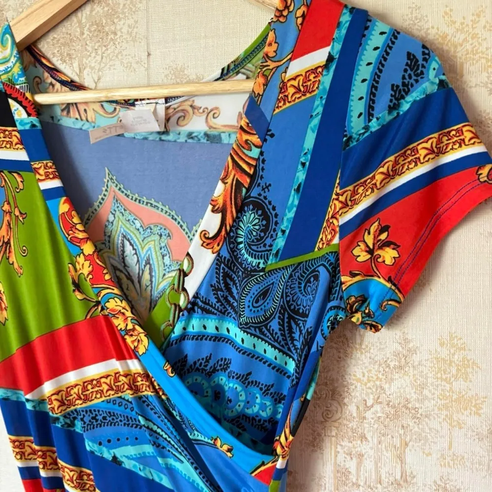 y2k Yetts Los Angeles blue multicolor paisley short sleeve wrap mini dress S - Image 6