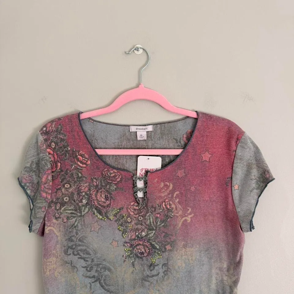 MULTICOLOR DRESSBARN WHIMSYGOTH ROSE PRINT T-SHIRT TOP - Image 3