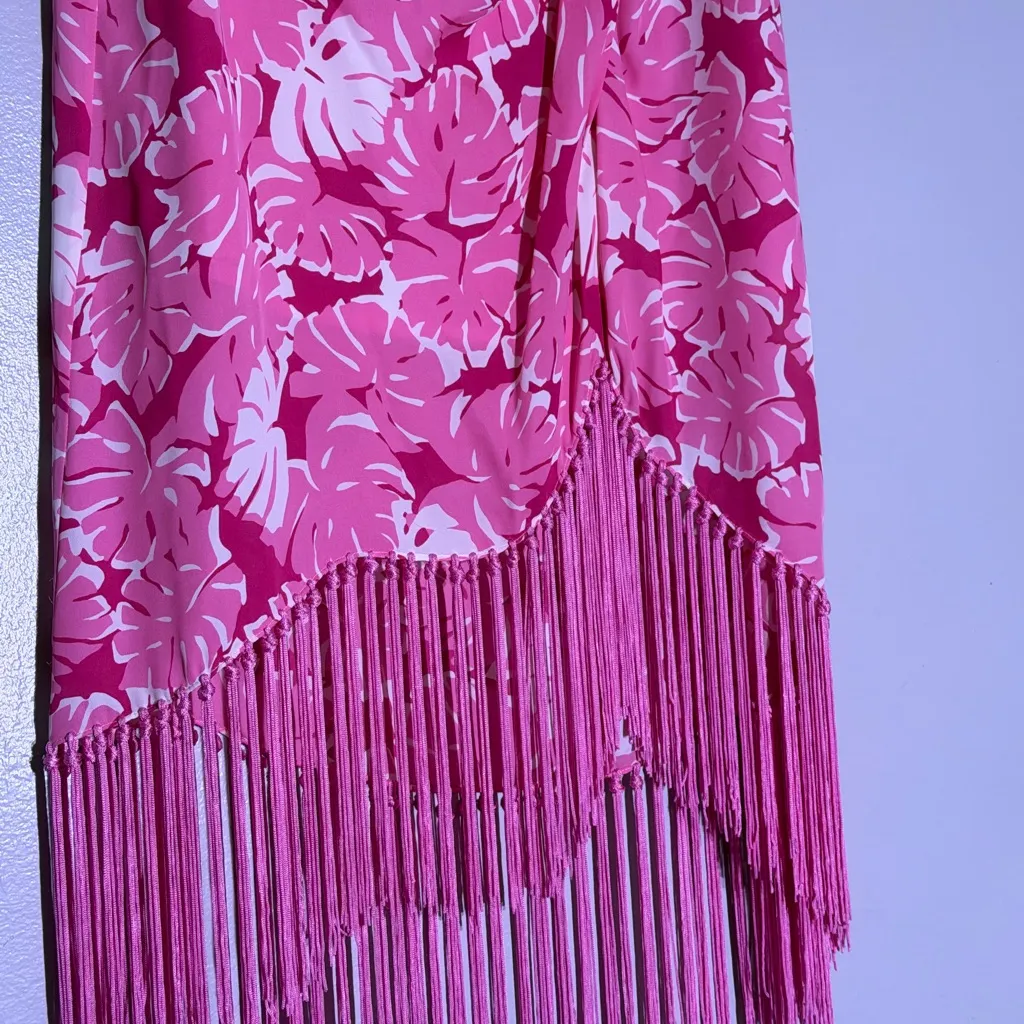 Michael Kors 100% silk pareo skirt with fringes and tropical print (pink/white) - Image 3