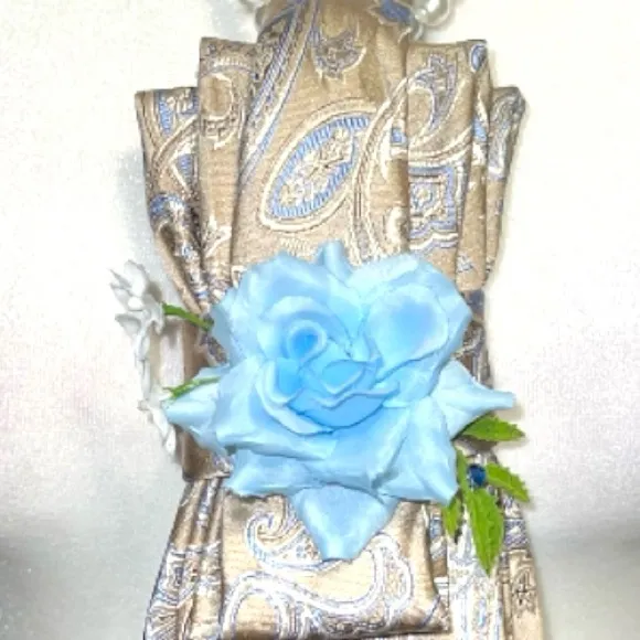 “Dainty Dapper”gray necktie necklace with Blue Floral design and flower. - Image 4