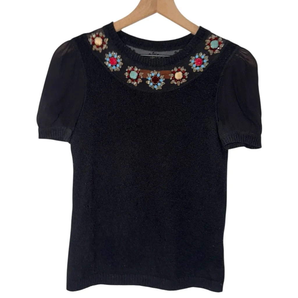Whimsigoth Beaded‎ Silk Cashmere Black Knit Women's Top Mesh Puff Sleeves - Image 2