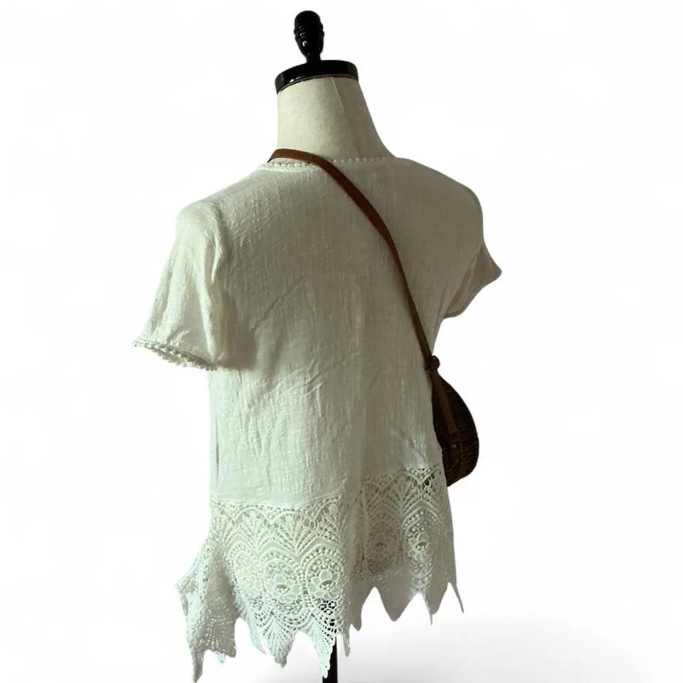 White Lace Trim Tunic Top‎ Short Sleeve Casual Bohemian Style Blouse - Image 3