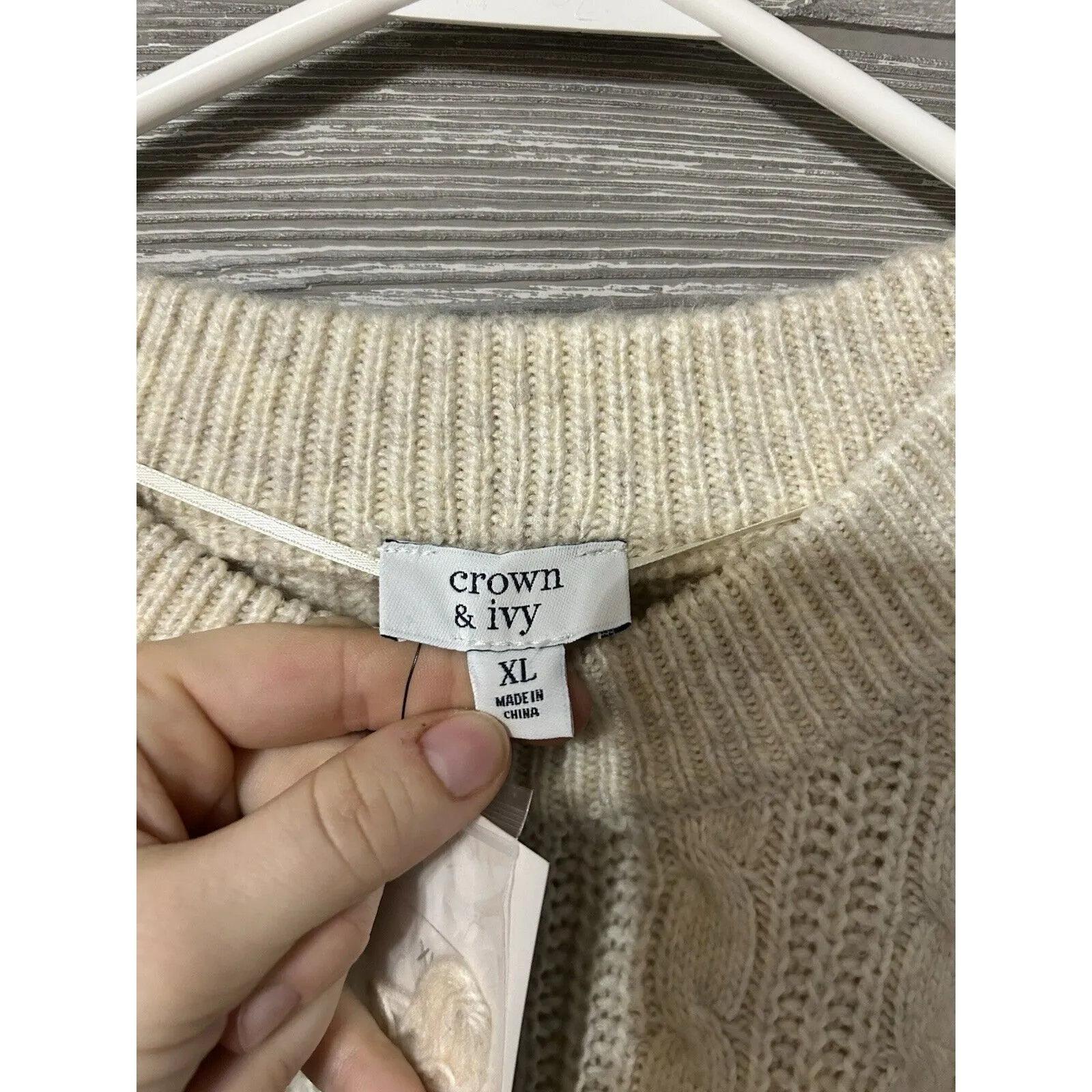 Ladies Crown & Ivy Oatmeal Heather Mock Neck, Ls, Cable Sweater, XL‎ NWT - Image 3