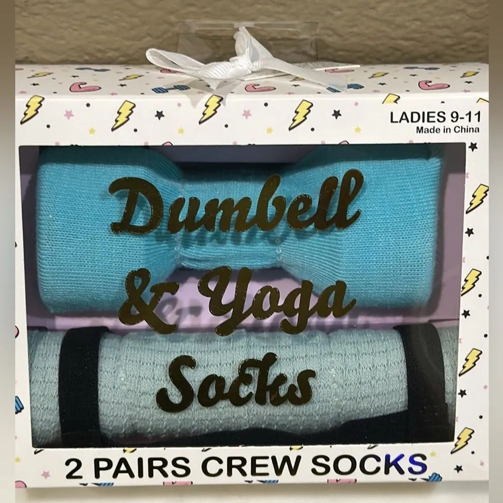 Blue and green yoga socks with"Dumbbell & Yoga Socks"design crew socks - Image 2