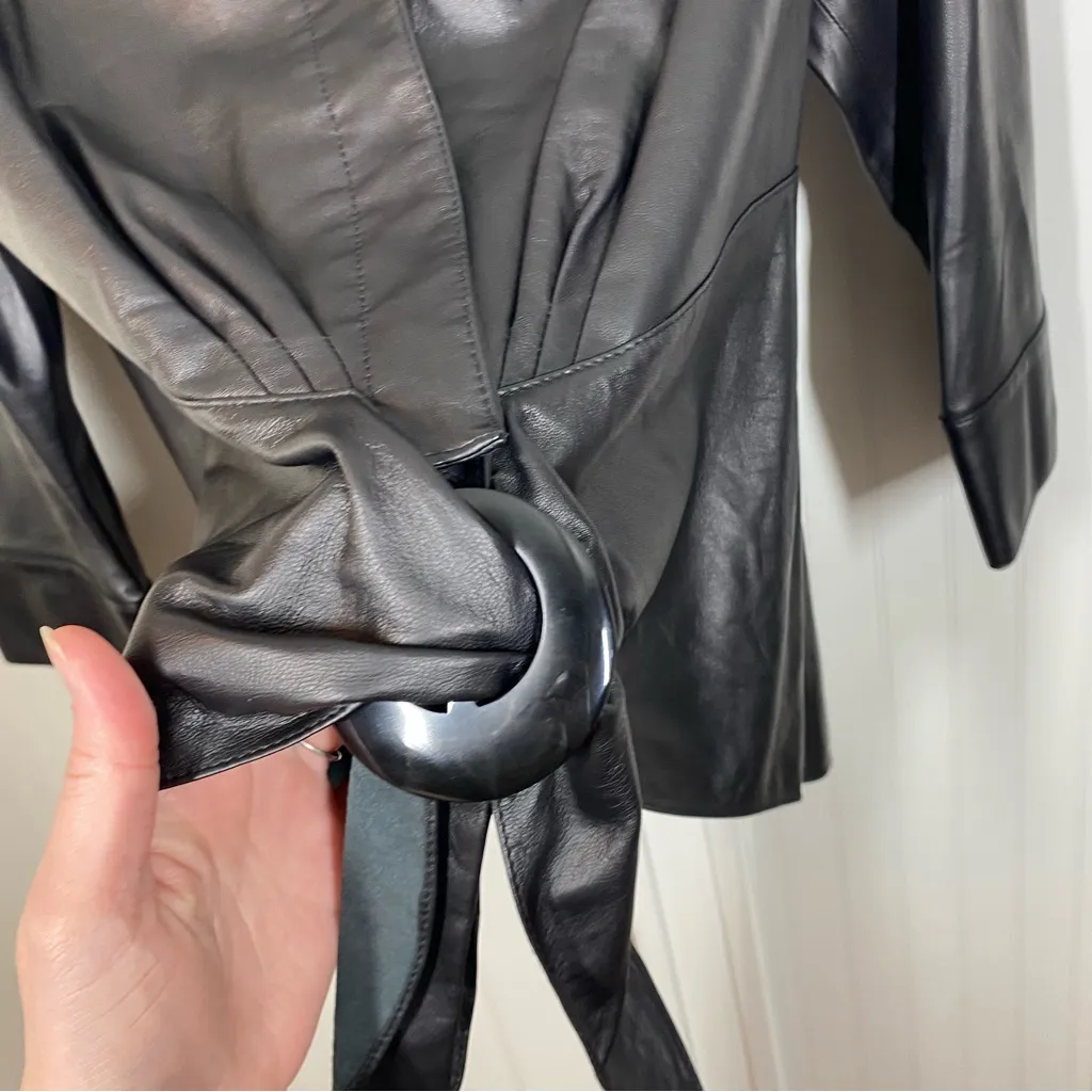 Lafayette 148 black lambs leather belted top Size 10 contemporary‎ sexy office - Image 4
