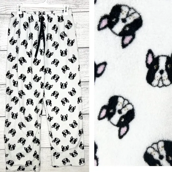 Boston Terrier Frenchie Dog Print Plush Pajama Pants Size Large Black & White - Image 2