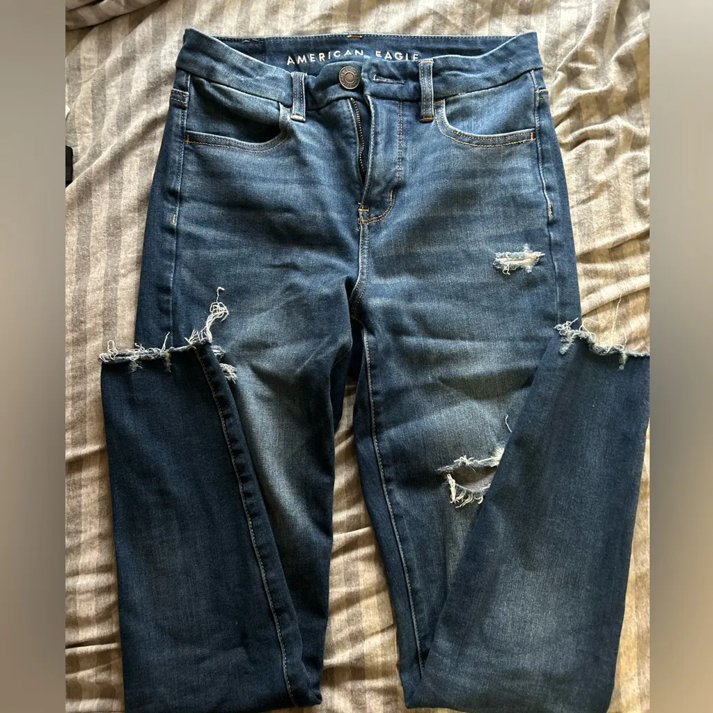 American Eagle Outfitters High Rise Distressed Jeans - Dark Blue - Image 2