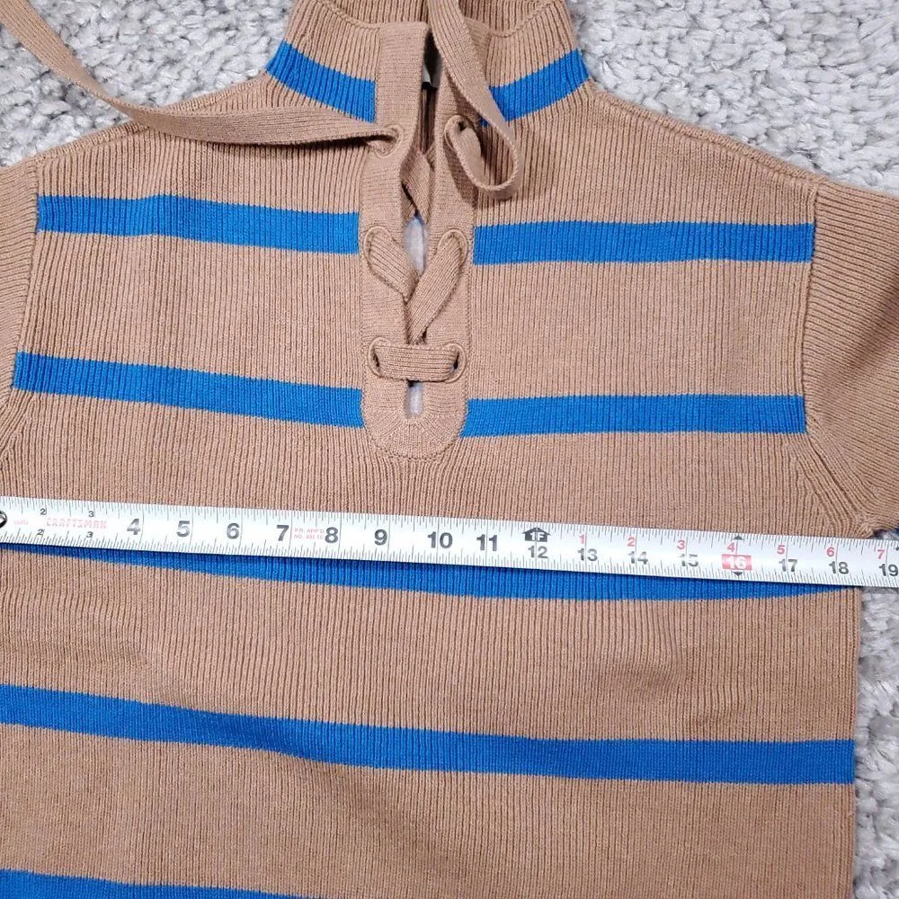 Everlane Lace Up Smock Sweater Knit Chestnut Brown Blue Striped Size XXS Wool - Image 8