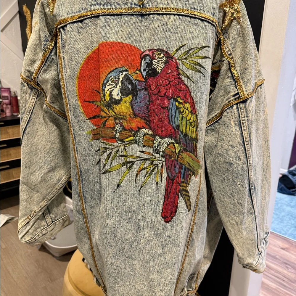 JM vintage sequin Embroidered Denim Jacket large - Image 6
