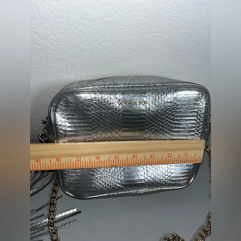 Victoria’s Secret Silver Metallic Snakeskin Embossed Chain Crossbody Bag Fringe - Image 16