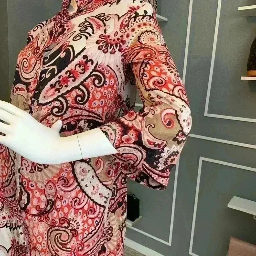 ZARA Tunic Red Paisley High Mock Neck Banded Collar Split Sides Size S - Image 3