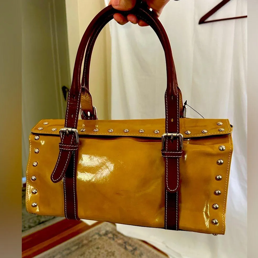 NWT Claudia Firenze Italian Leather Handbag | Yellow Burgundy | Studded Satchel Tan - Image 1