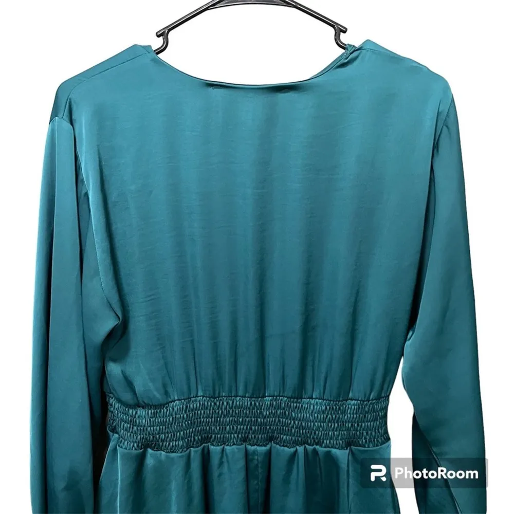 NWT Zara Teal Long Sleeve Satin Mini Dress Elastic Waist Ruffled Hem V-Neck M - Image 10