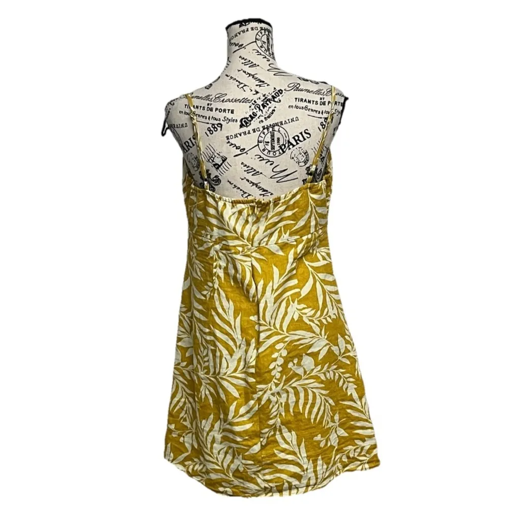 BEBOP Yellow Floral Linen Mini Dress – Hawaiian Boho Coastal Milkmaid Sundress L - Image 5
