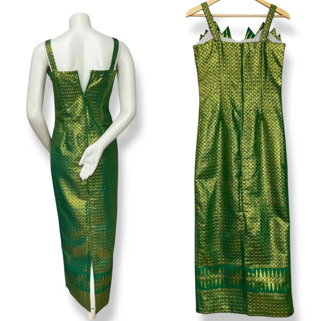 Origami Dress Formal Green Gold Mermaidcore Pointed‎ Neckline Sleeveless Women Size XXS - Image 3