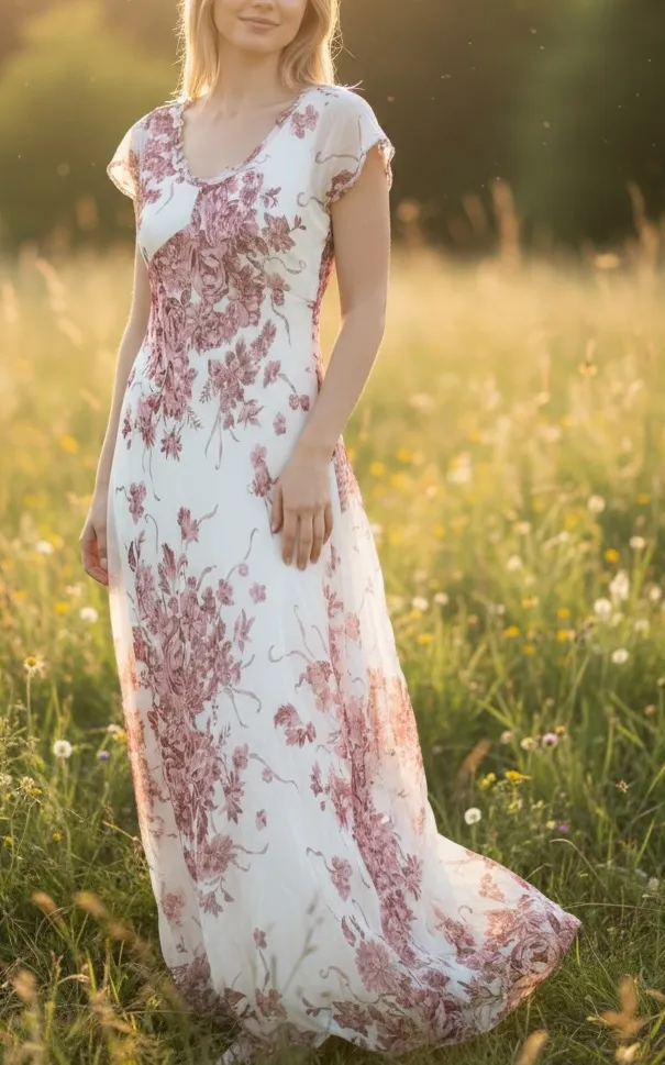 Vintage 80s Nostalgia Floral Babydoll Maxi Dress Whimsy Fairy Feminine Size M White Size M - Image 2