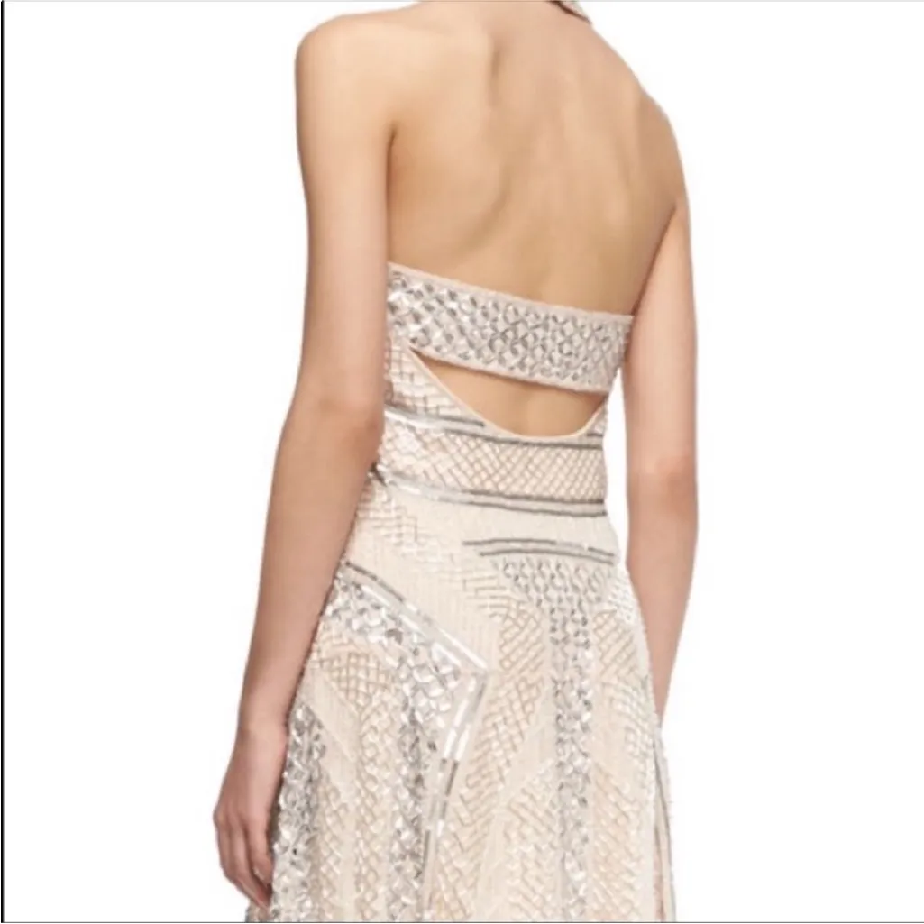 PARKER LEONA SILK BLUSH NEUTRAL SILVERTONE BEADED HALTER CUTOUT BACK MINI DRESS - Image 3