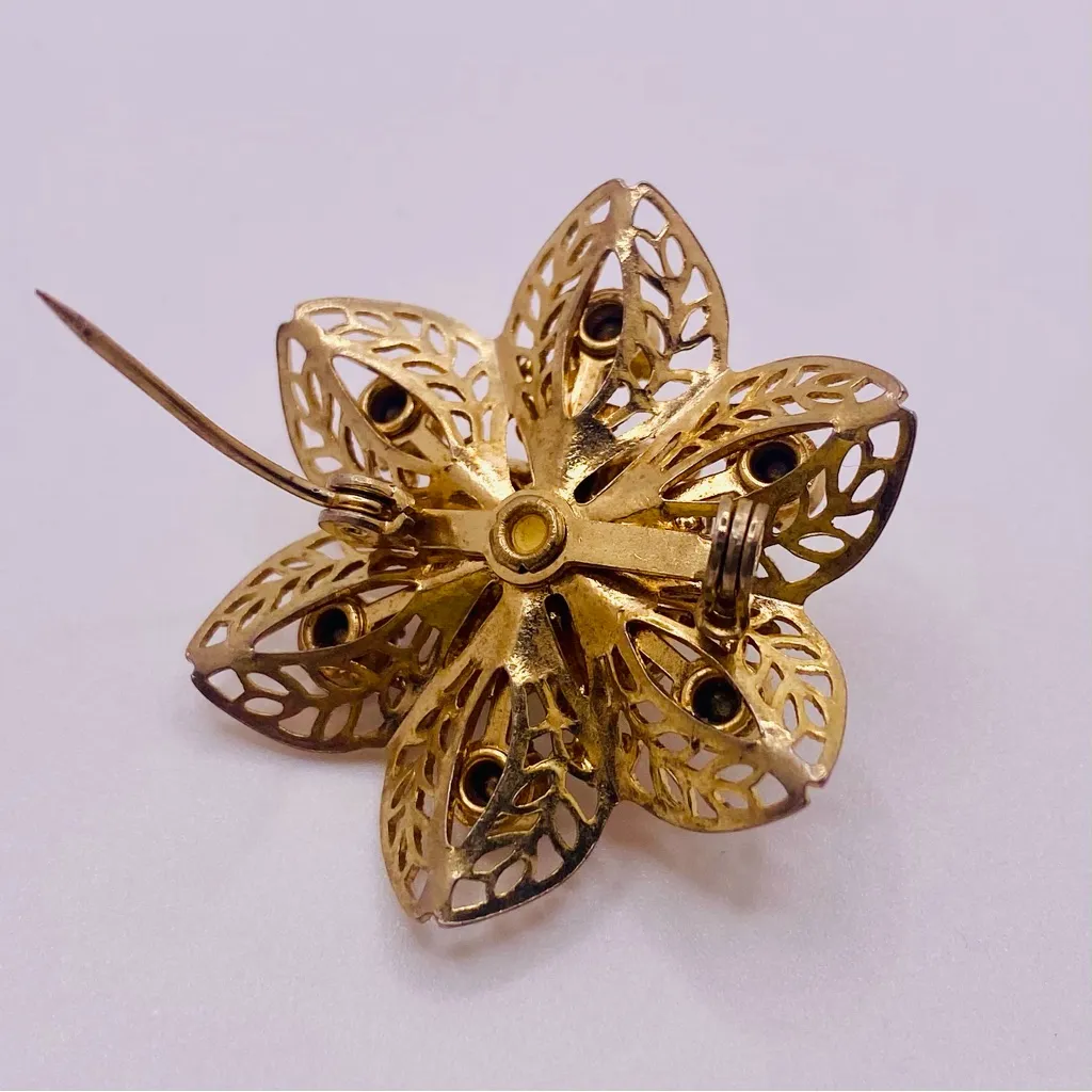 Vintage Filigree Gold Tone Moonglow & Blue Cat’s Eye Rhinestone Floral Brooch - Image 6