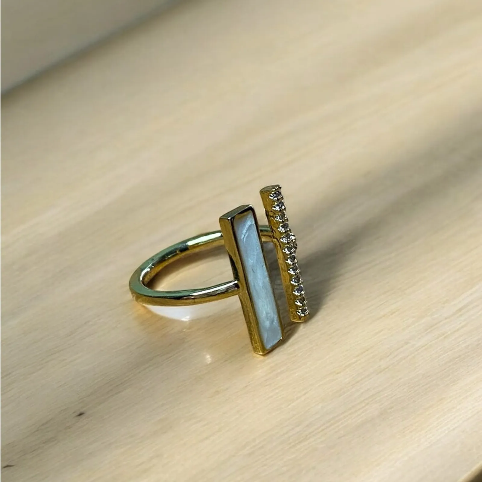 Geometric SplitShank Faux Mother of Pearl Crystal Adjustable Ring - Image 2