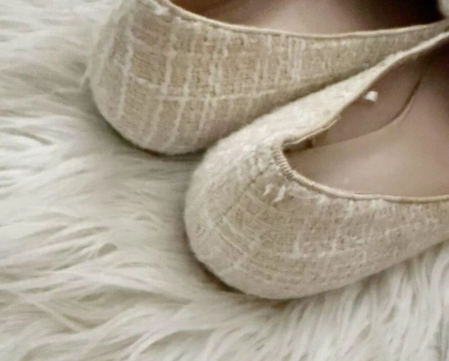 ANN TAYLOR | Textile Upper Plaid Off White Tan Bow Loafers Tweed Flats | 8.5 - Image 5